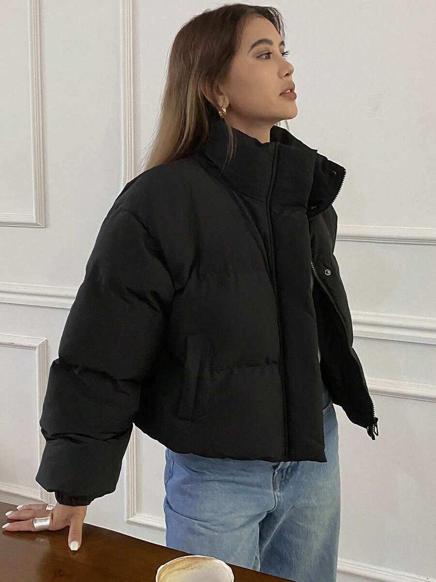Blanche Boxy Cropped Puffer Jacket with Stand Collar and Zip - Black