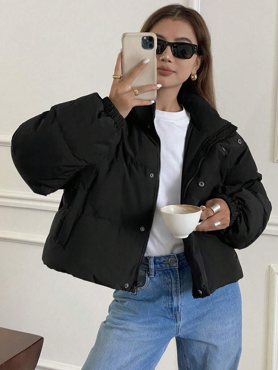 Blanche Boxy Cropped Puffer Jacket with Stand Collar and Zip - Black