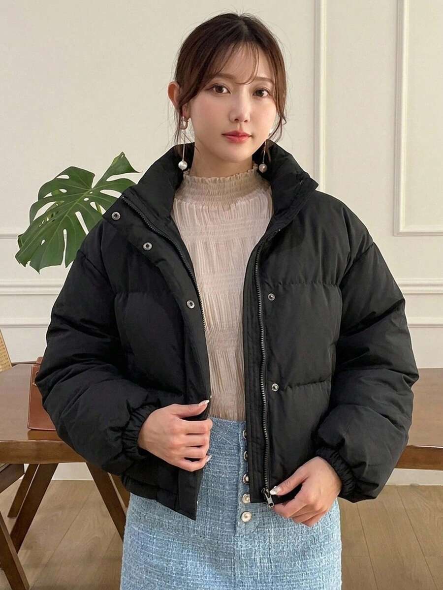 Blanche Boxy Cropped Puffer Jacket with Stand Collar and Zip - Black