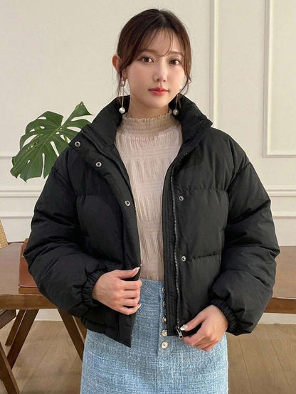 Blanche Boxy Cropped Puffer Jacket with Stand Collar and Zip - Black