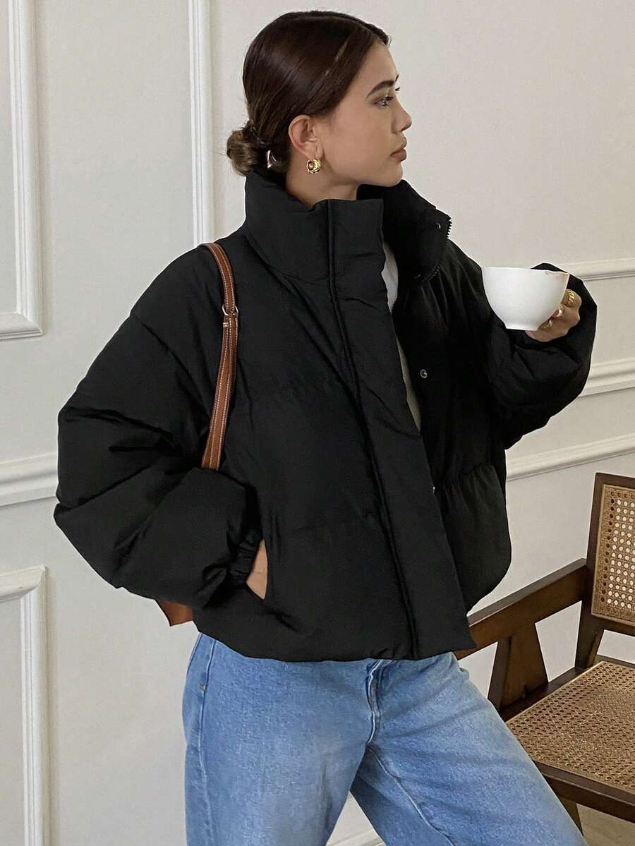 Blanche Boxy Cropped Puffer Jacket with Stand Collar and Zip - Black