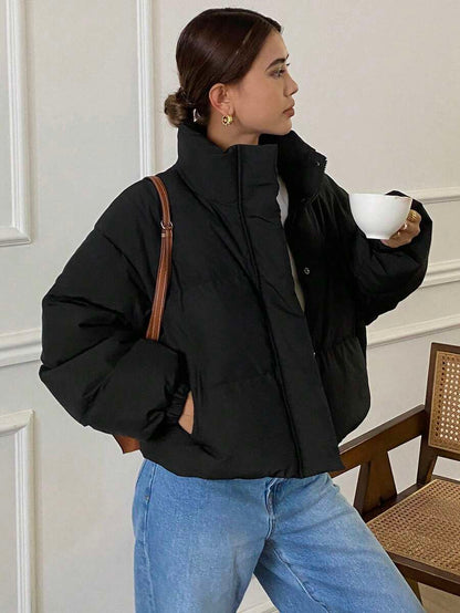 Blanche Boxy Cropped Puffer Jacket with Stand Collar and Zip - Black