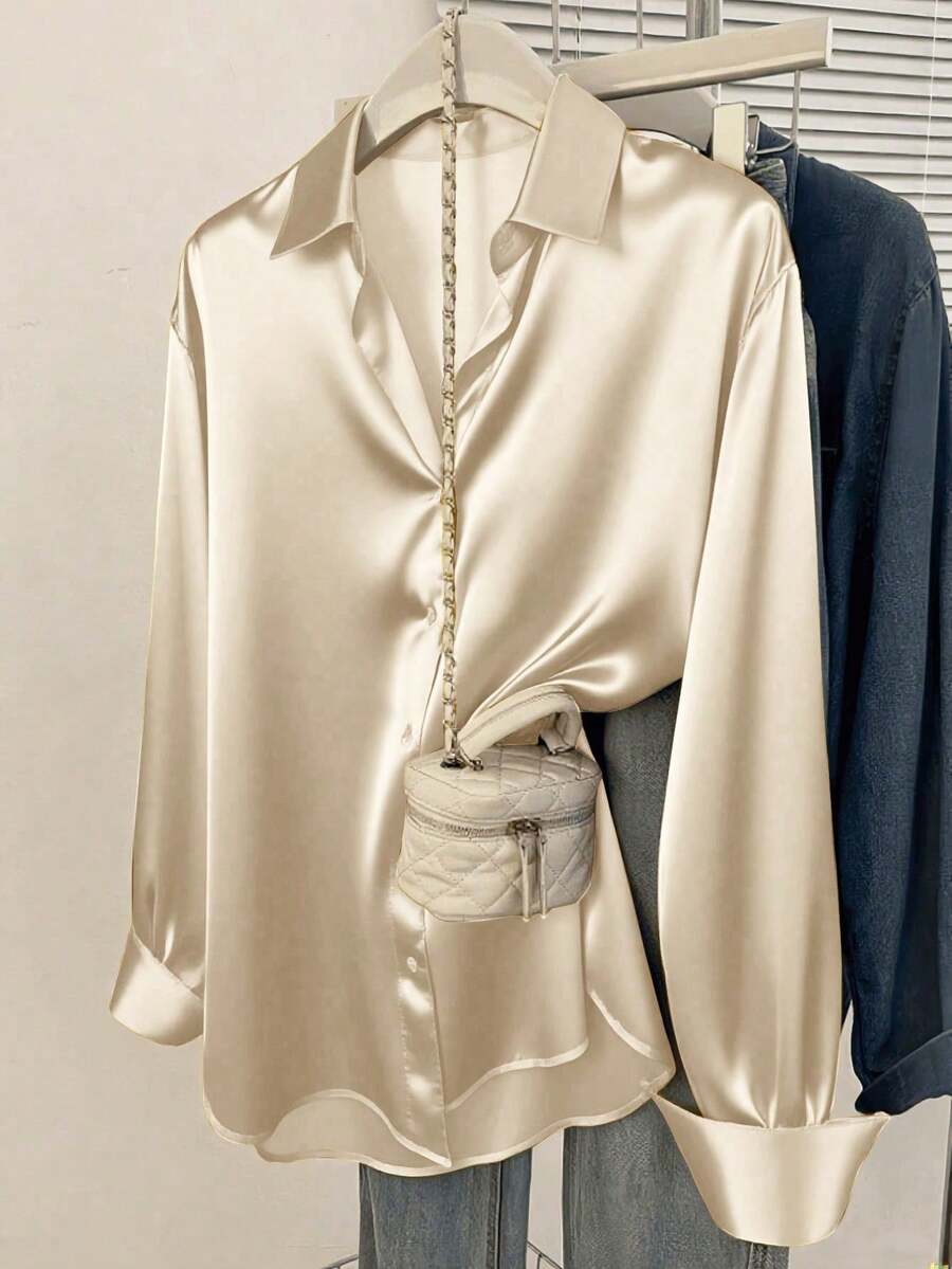 Women's Satin Button Down Shirt, Collared Long Sleeve Silky Blouse for Work and Evening - Dark Green