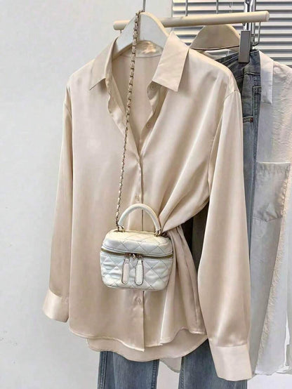 Women's Satin Button Down Shirt, Collared Long Sleeve Silky Blouse for Work and Evening - Blue