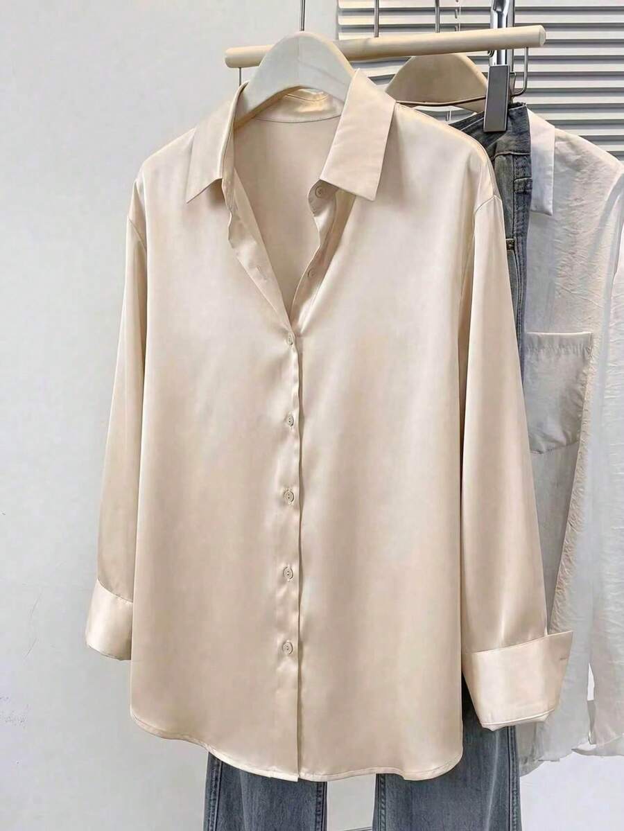 Women's Satin Button Down Shirt, Collared Long Sleeve Silky Blouse for Work and Evening - Champagne