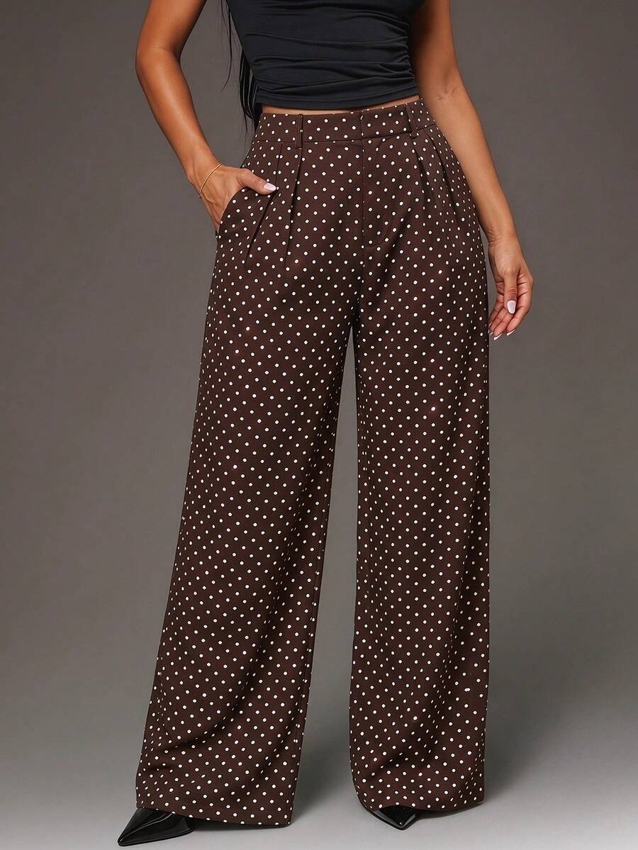Theodora High Waist Pleated Oversized Wide Leg Suit Trousers - Brown Polka Dot