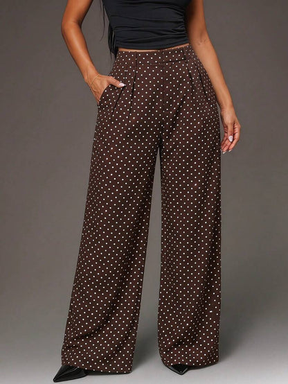 Theodora High Waist Pleated Oversized Wide Leg Suit Trousers - Brown Polka Dot