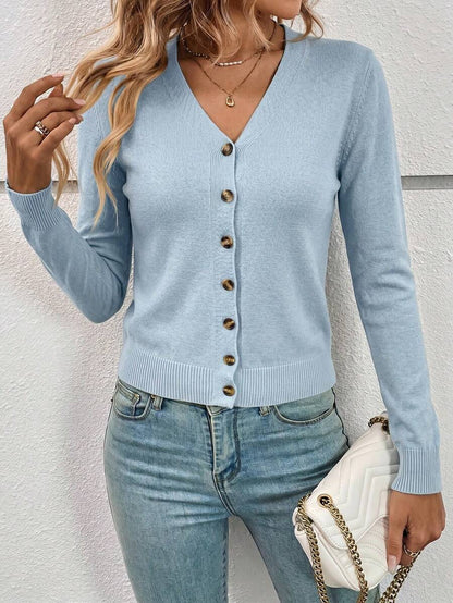 Georgiana Slim Ribbed V-Neck Button Front Knit Cardigan - Light Blue