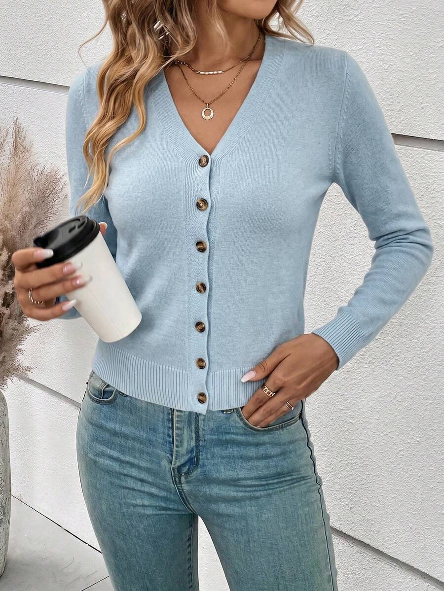 Georgiana Slim Ribbed V-Neck Button Front Knit Cardigan - Light Blue