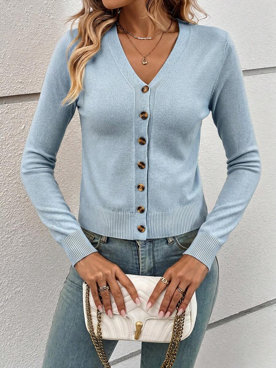 Georgiana Slim Ribbed V-Neck Button Front Knit Cardigan - Light Blue