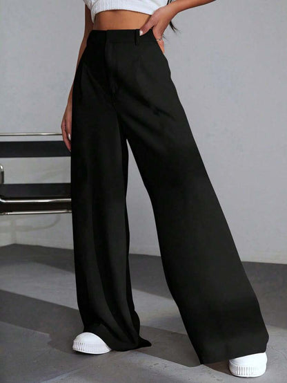 Carlotta High Waisted Straight Leg Trousers with Zip Fly - Black