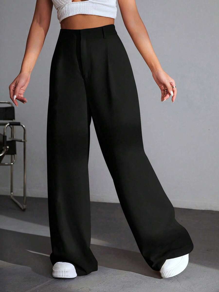 Carlotta High Waisted Straight Leg Trousers with Zip Fly - Black