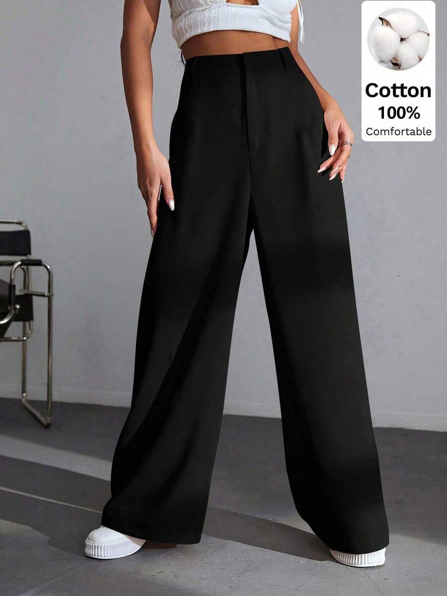 Carlotta High Waisted Straight Leg Trousers with Zip Fly - Black