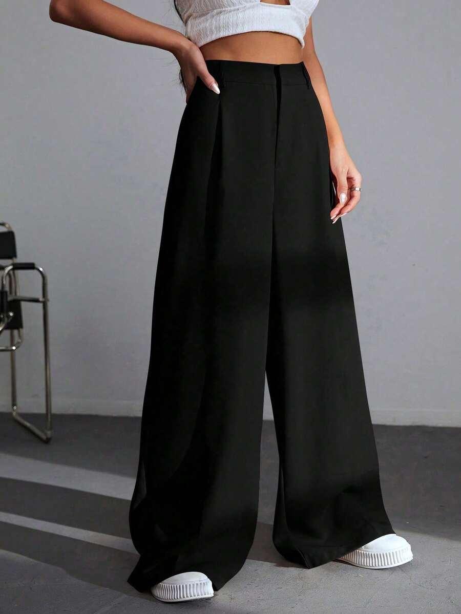 Carlotta High Waisted Straight Leg Trousers with Zip Fly - Black