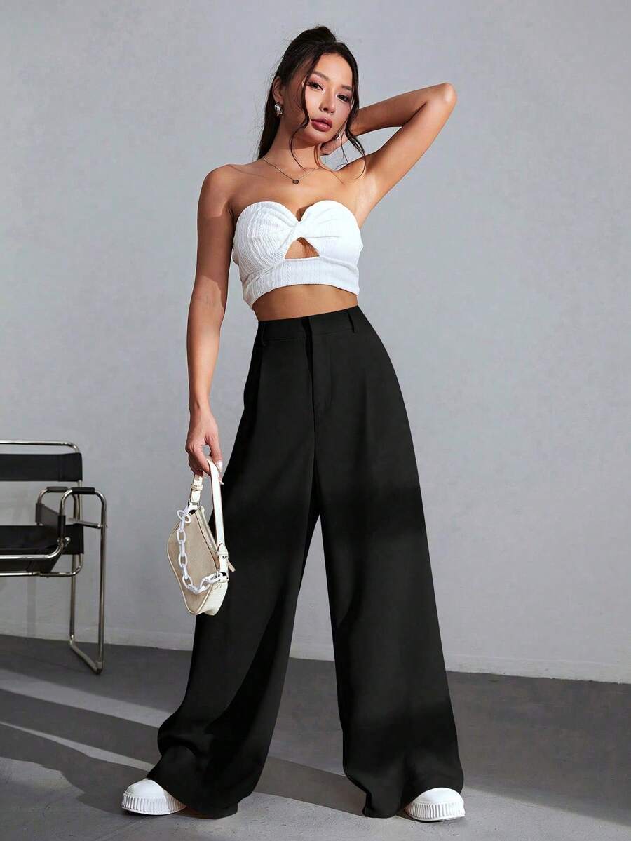 Carlotta High Waisted Straight Leg Trousers with Zip Fly - Black