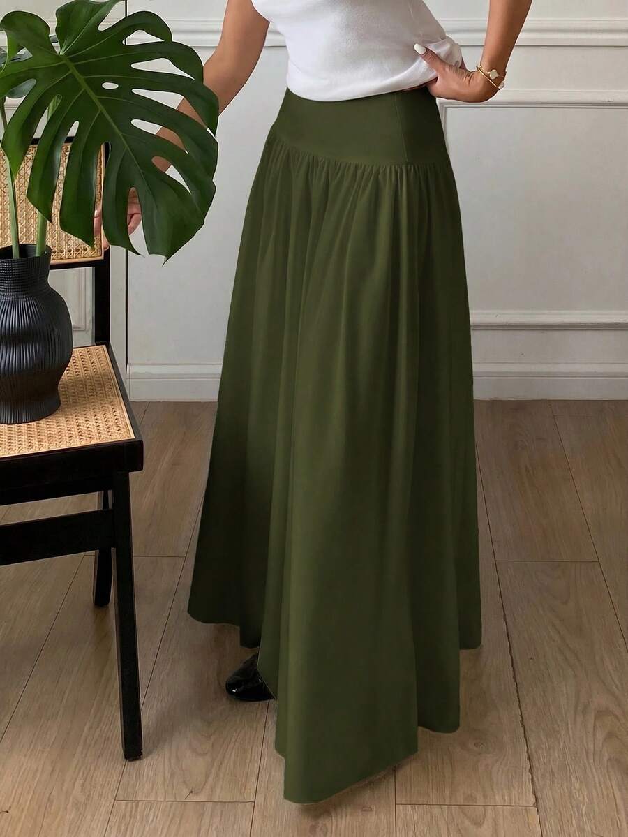 Cressida High Waist Wide Waistband Pleated Maxi Skirt - Army Green
