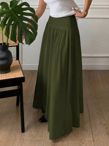 Cressida High Waist Wide Waistband Pleated Maxi Skirt - Army Green
