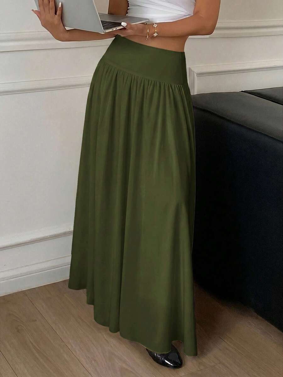 Cressida High Waist Wide Waistband Pleated Maxi Skirt - Army Green