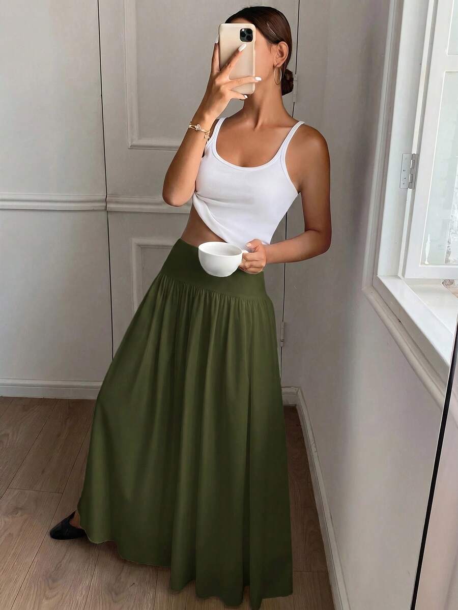 Cressida High Waist Wide Waistband Pleated Maxi Skirt - Army Green