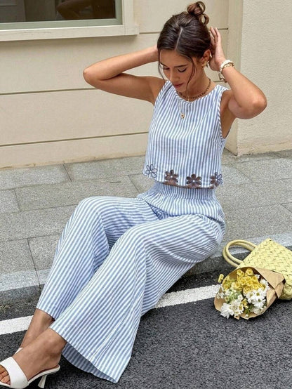 Serisse 2pcs/Set Women Contrast Color Allover Print Casual Sleeveless Top And Loose Fit Wide Leg Pants Summer Blue Vacation Holiday Resort Mensa