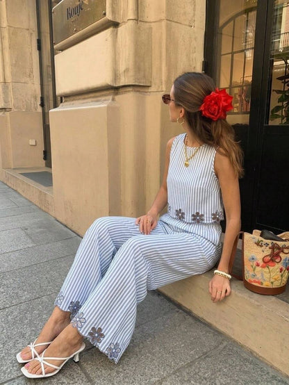 Serisse 2pcs/Set Women Contrast Color Allover Print Casual Sleeveless Top And Loose Fit Wide Leg Pants Summer Blue Vacation Holiday Resort Mensa