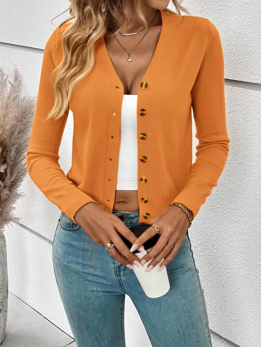 Georgiana Slim Ribbed V-Neck Button Front Knit Cardigan - Orange