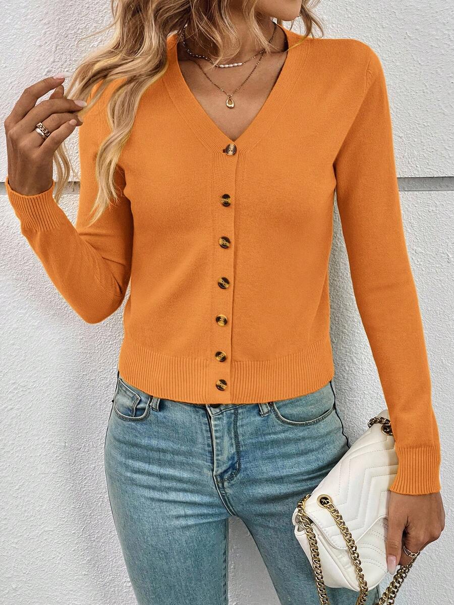 Georgiana Slim Ribbed V-Neck Button Front Knit Cardigan - Orange