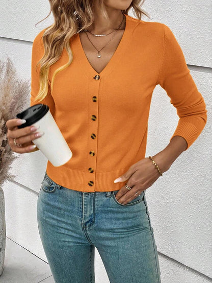 Georgiana Slim Ribbed V-Neck Button Front Knit Cardigan - Orange