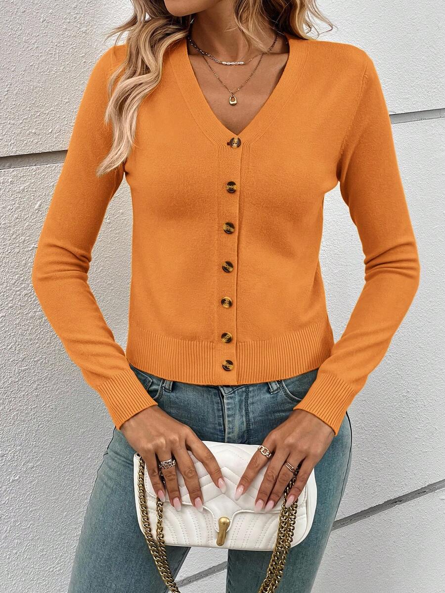 Georgiana Slim Ribbed V-Neck Button Front Knit Cardigan - Orange