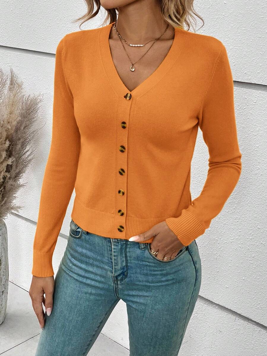 Georgiana Slim Ribbed V-Neck Button Front Knit Cardigan - Orange