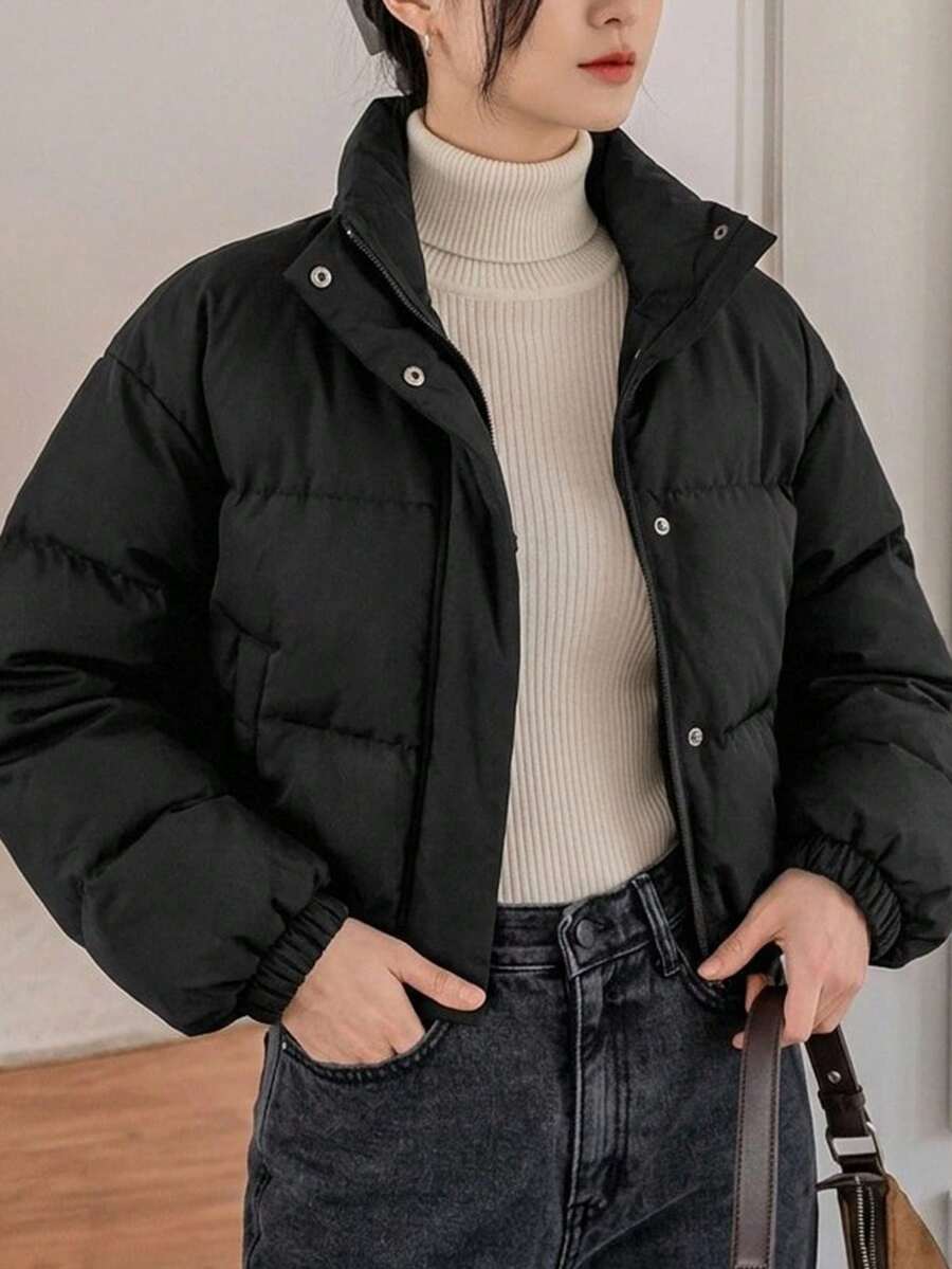 Blanche Boxy Cropped Puffer Jacket with Stand Collar and Zip - Black