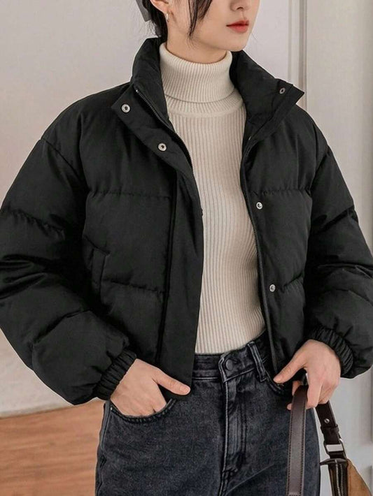 Blanche Boxy Cropped Puffer Jacket with Stand Collar and Zip - Black