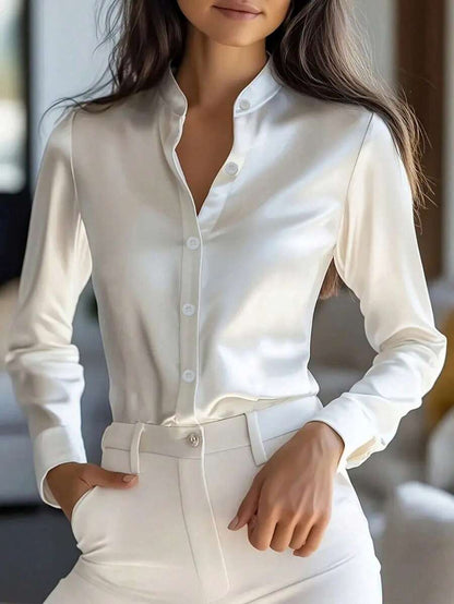 Women's Satin Button Front Long Sleeve Shirt, Silky Blouse for Work and Evening - White