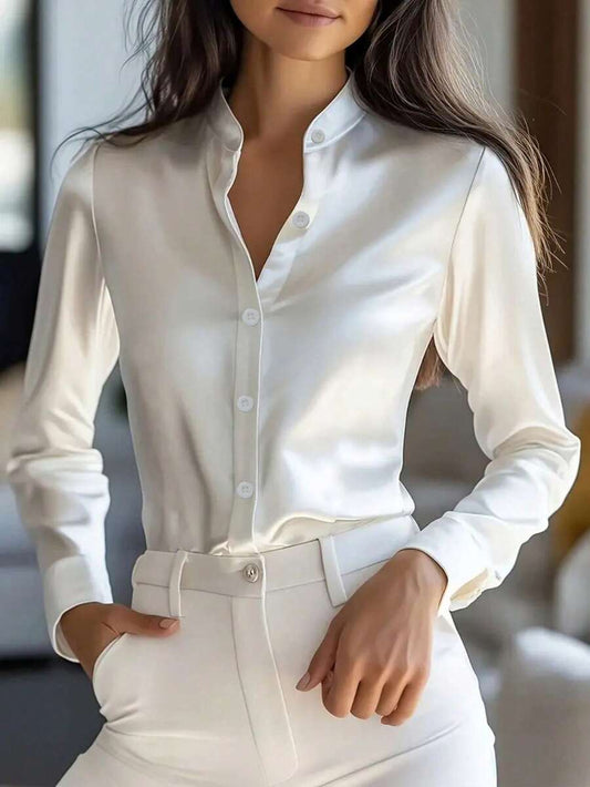Women's Satin Button Front Long Sleeve Shirt, Silky Blouse for Work and Evening - White