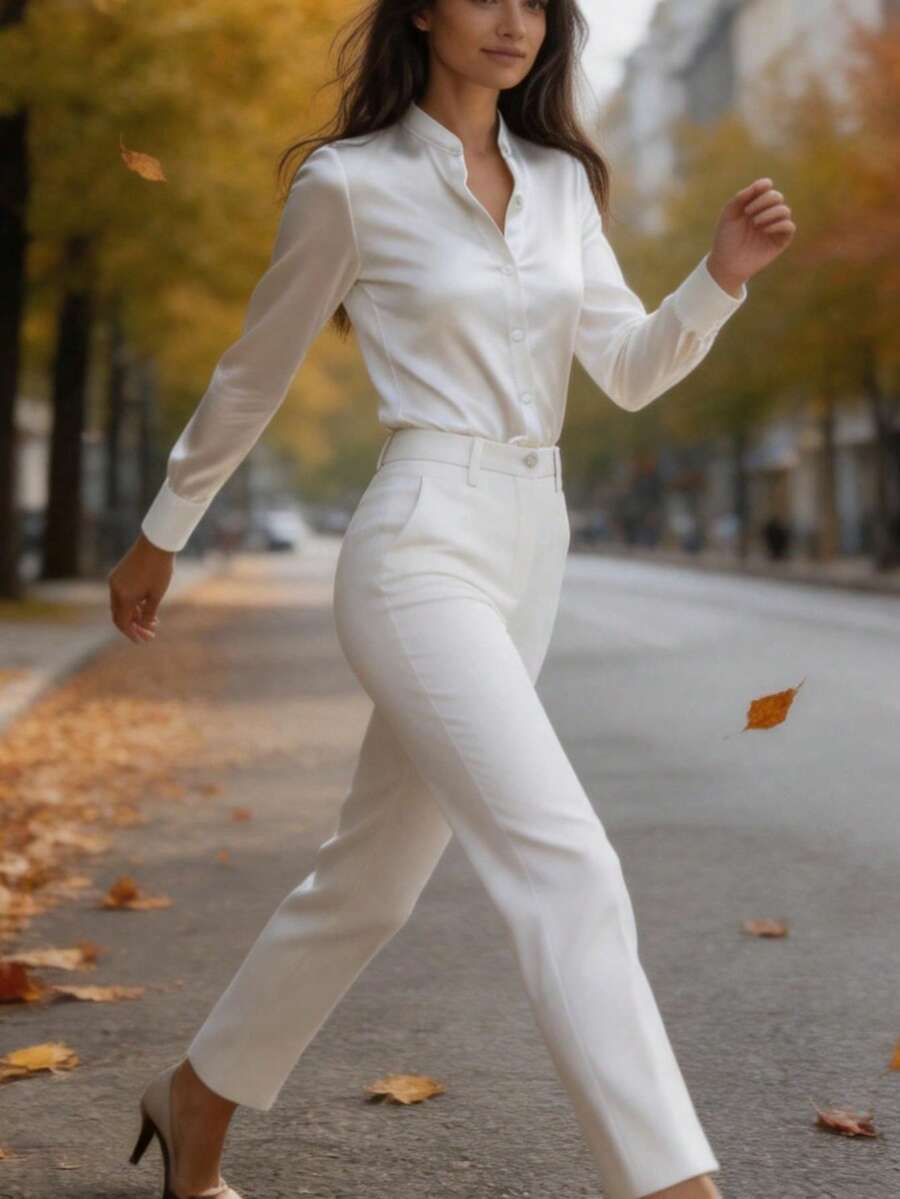 Women's Satin Button Front Long Sleeve Shirt, Silky Blouse for Work and Evening - White