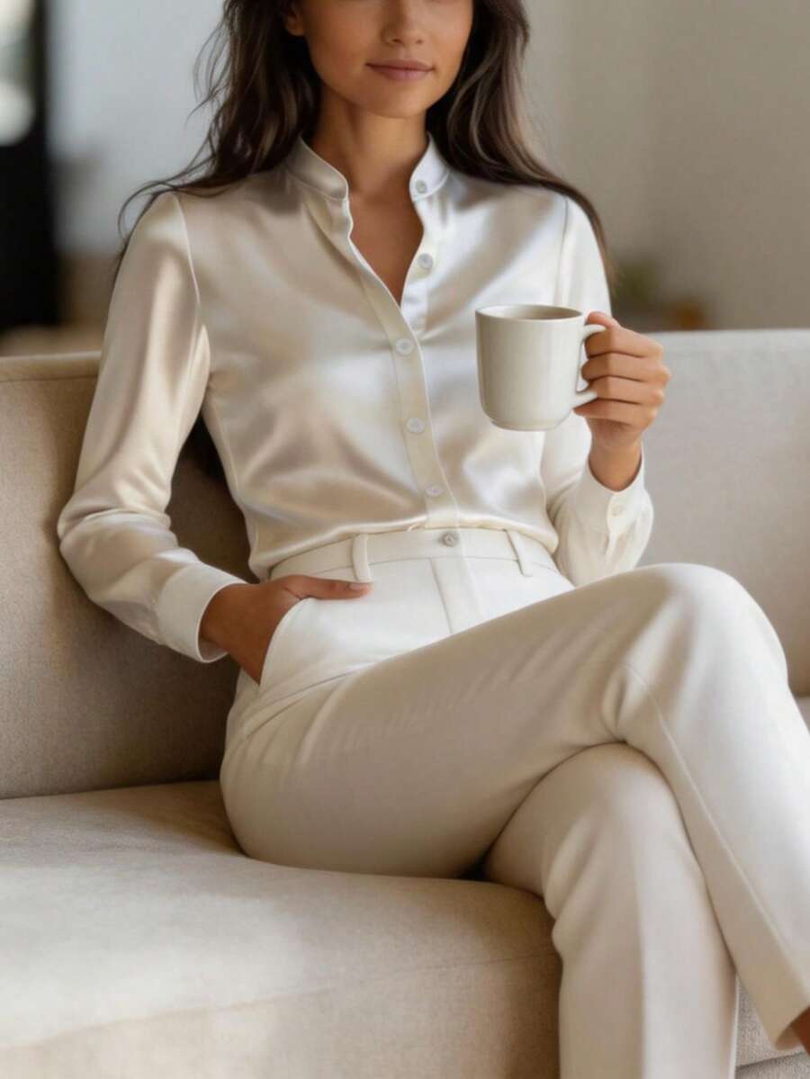Women's Satin Button Front Long Sleeve Shirt, Silky Blouse for Work and Evening - White