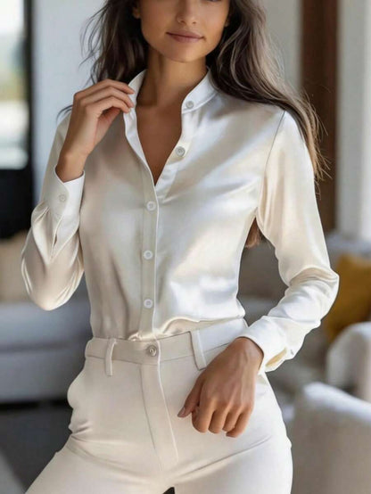 Women's Satin Button Front Long Sleeve Shirt, Silky Blouse for Work and Evening - White