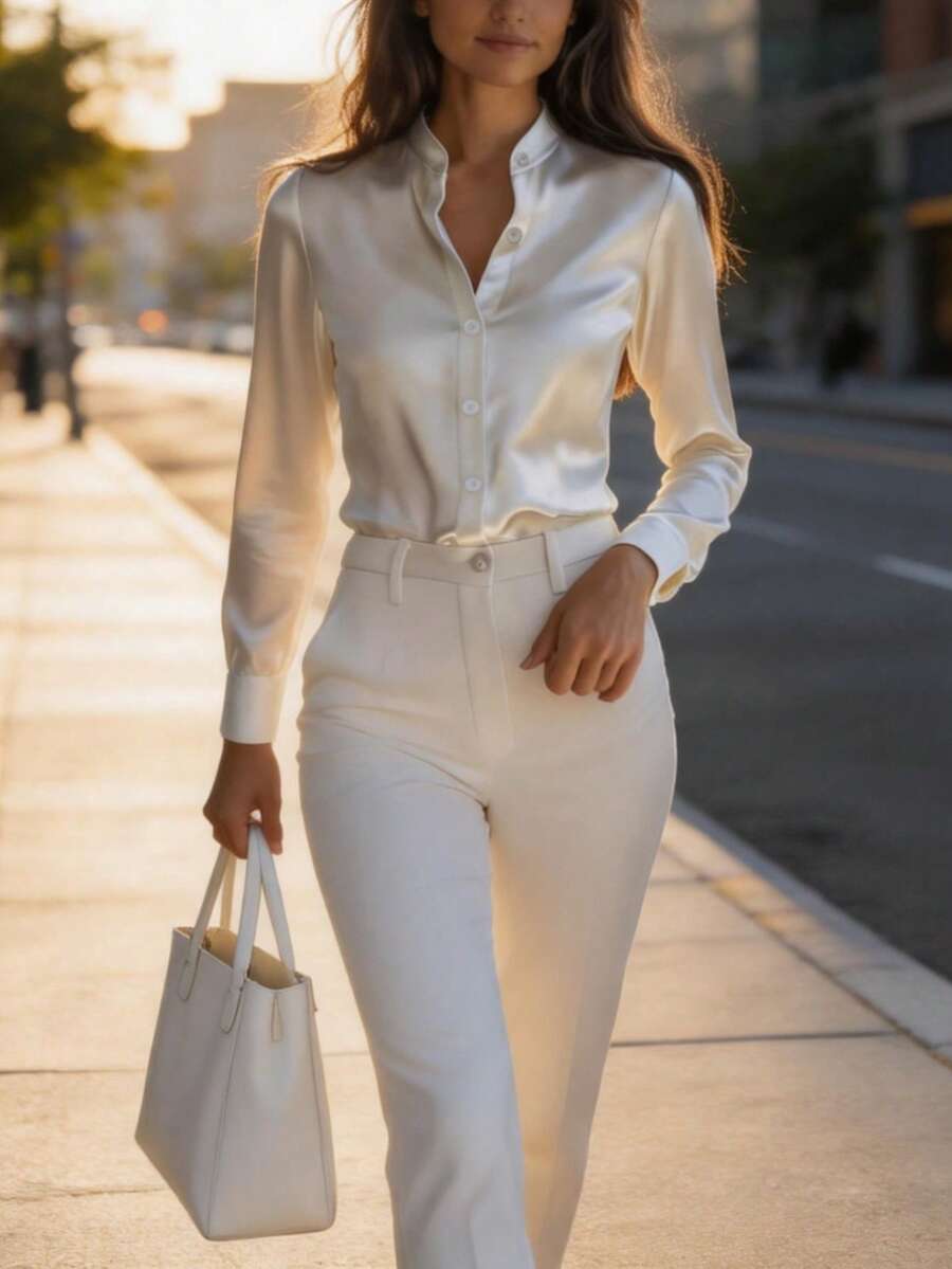 Women's Satin Button Front Long Sleeve Shirt, Silky Blouse for Work and Evening - White