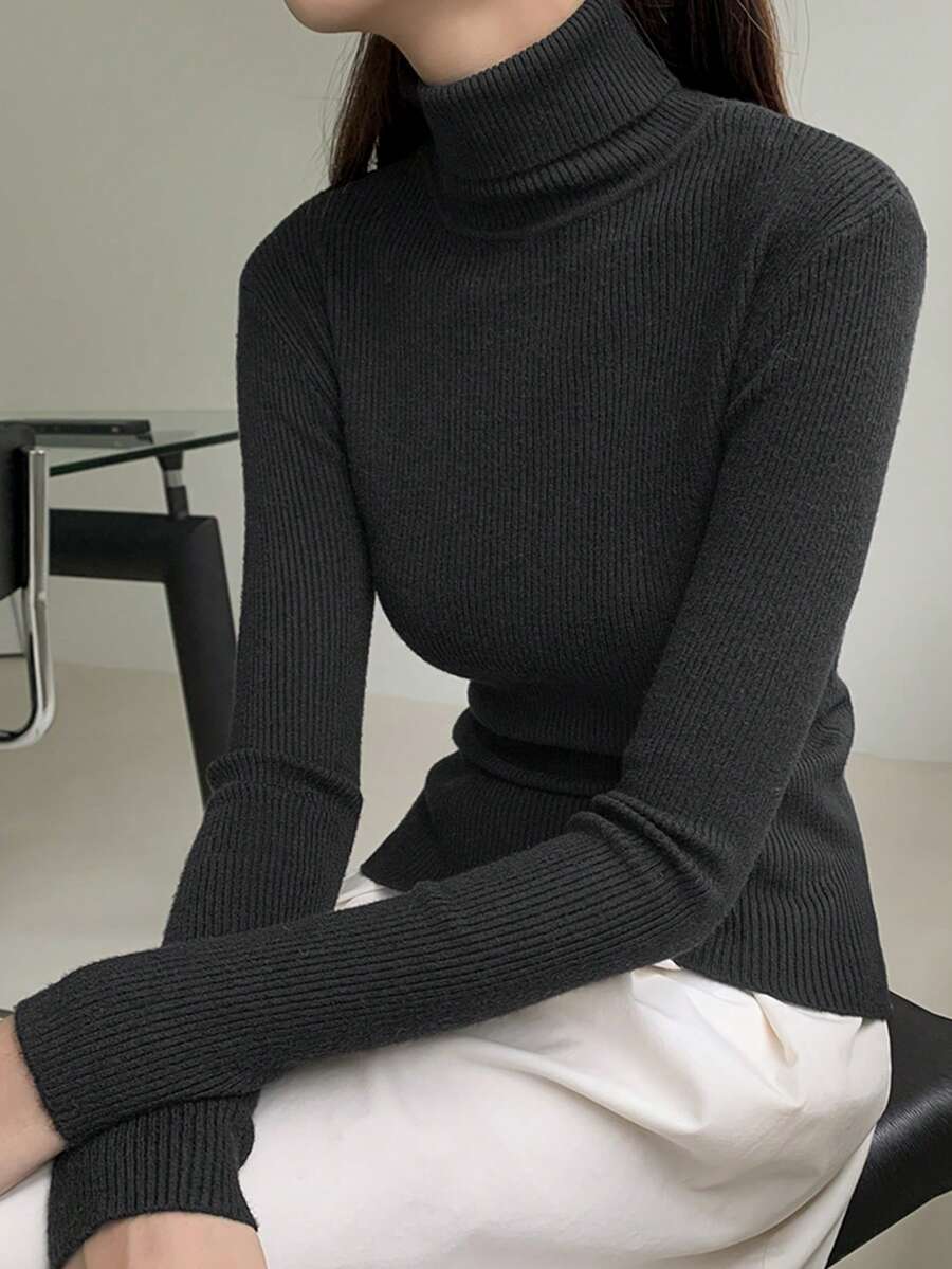 Tamsin Fitted Ribbed Turtleneck Sweater Long Sleeve Pullover - Black