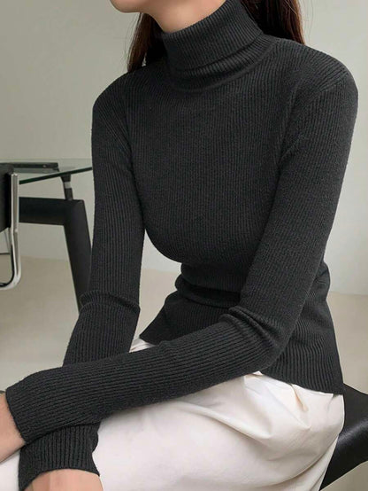 Tamsin Fitted Ribbed Turtleneck Sweater Long Sleeve Pullover - Black