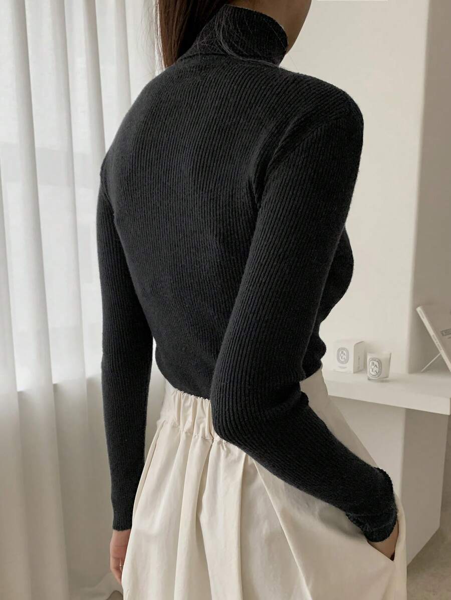 Tamsin Fitted Ribbed Turtleneck Sweater Long Sleeve Pullover - Black