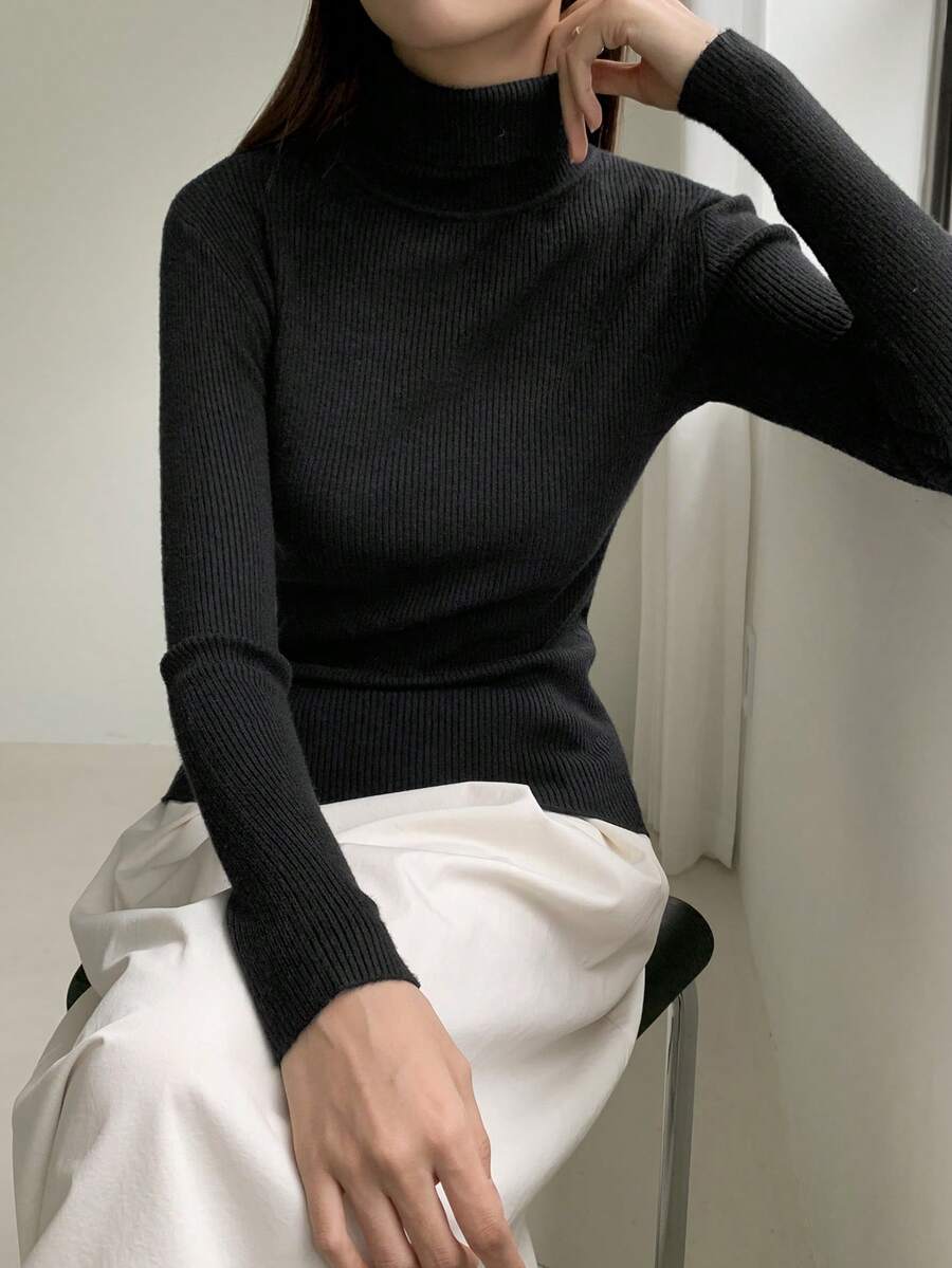 Tamsin Fitted Ribbed Turtleneck Sweater Long Sleeve Pullover - Black