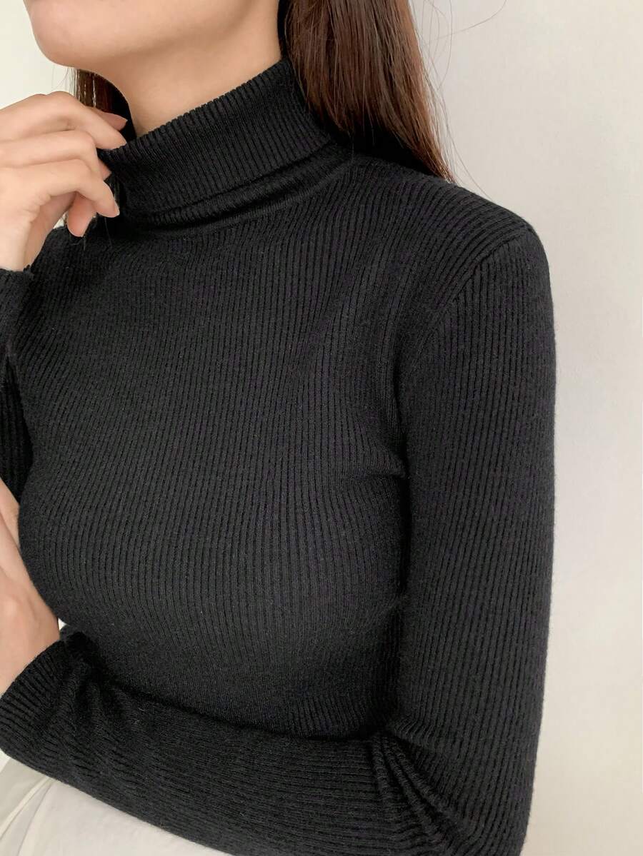 Tamsin Fitted Ribbed Turtleneck Sweater Long Sleeve Pullover - Black