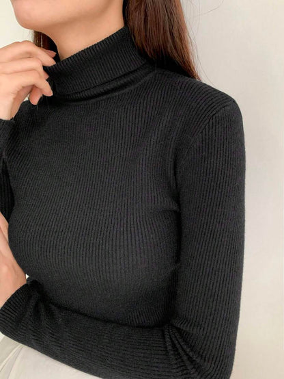 Tamsin Fitted Ribbed Turtleneck Sweater Long Sleeve Pullover - Black