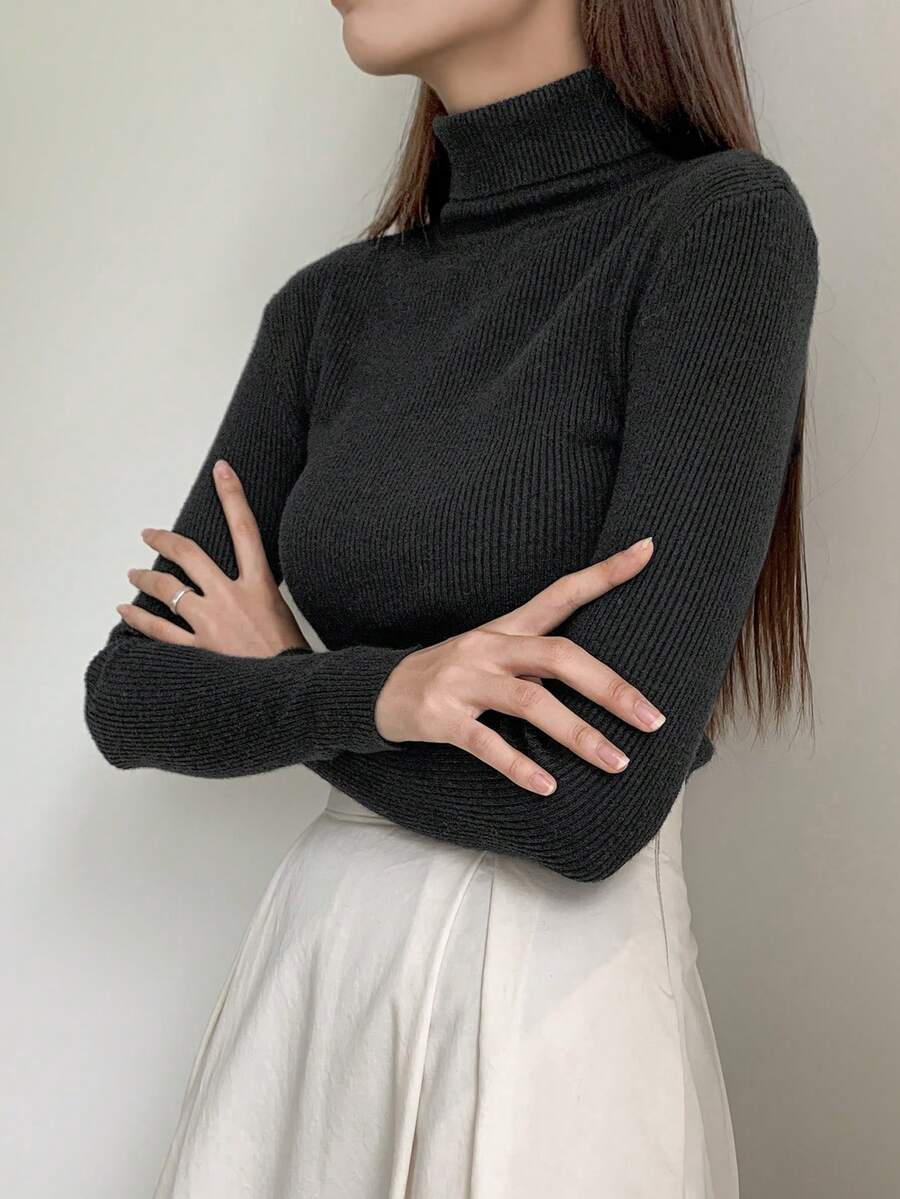 Tamsin Fitted Ribbed Turtleneck Sweater Long Sleeve Pullover - Black