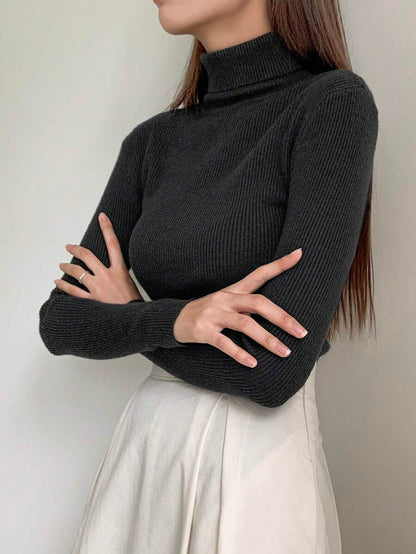 Tamsin Fitted Ribbed Turtleneck Sweater Long Sleeve Pullover - Black