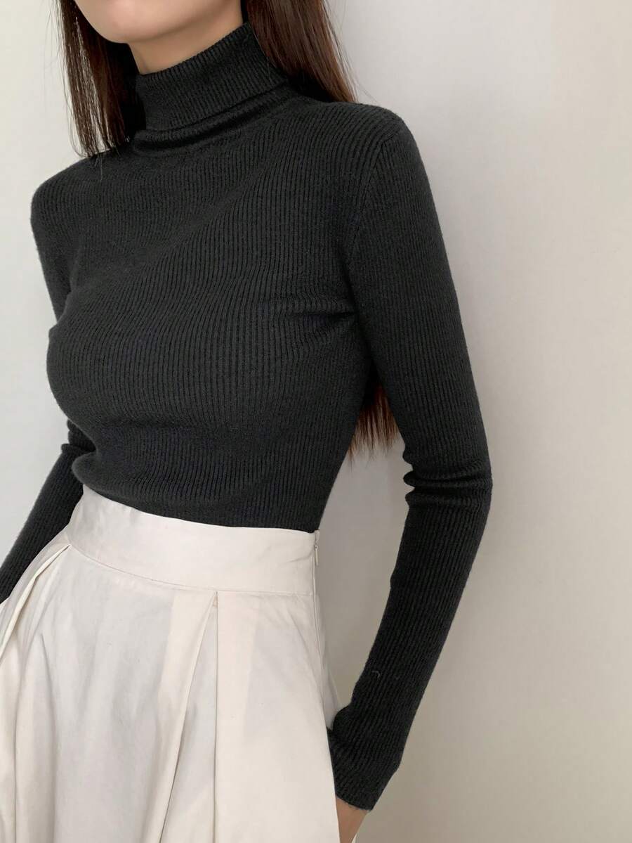 Tamsin Fitted Ribbed Turtleneck Sweater Long Sleeve Pullover - Black