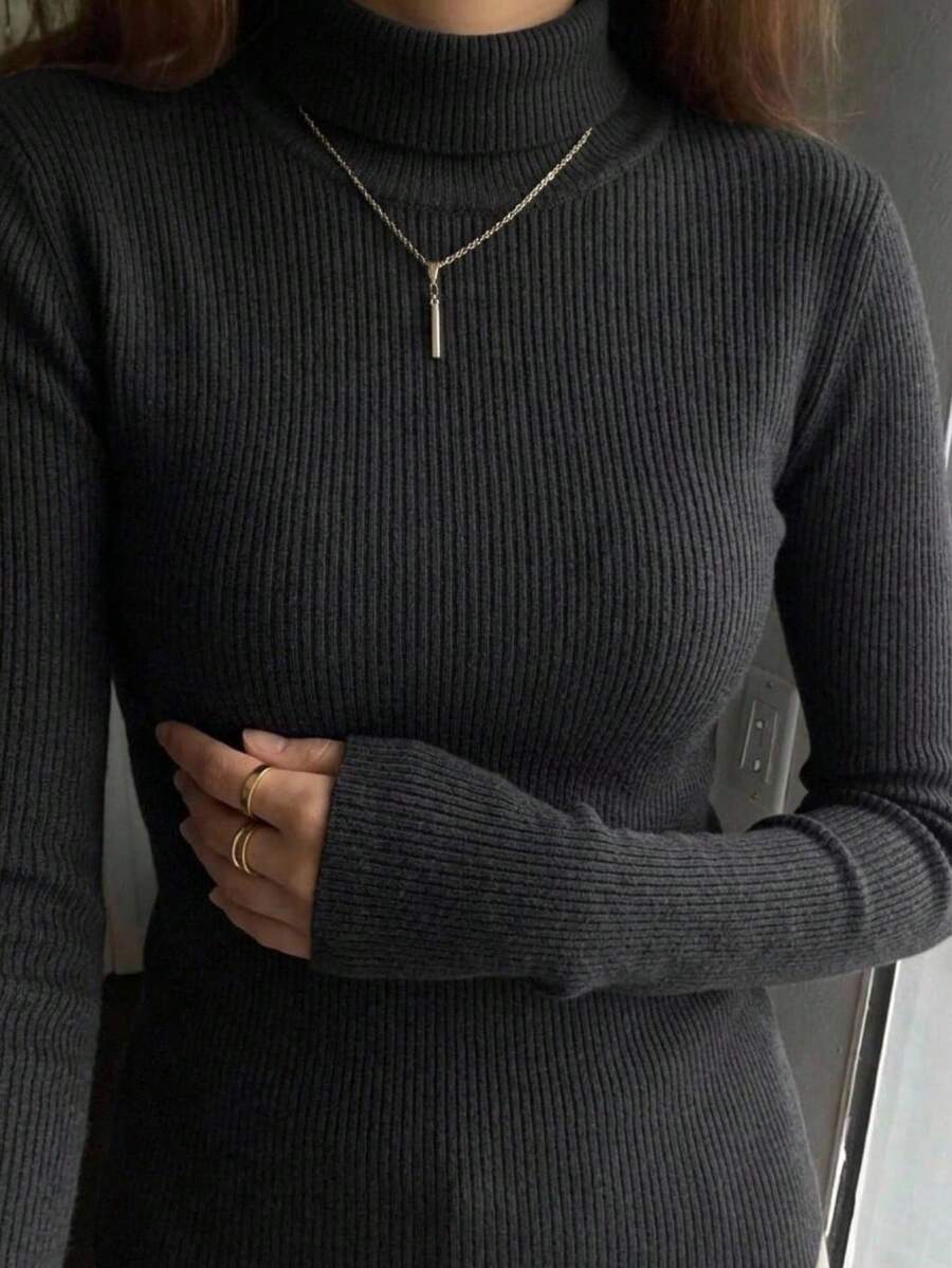 Tamsin Fitted Ribbed Turtleneck Sweater Long Sleeve Pullover - Black
