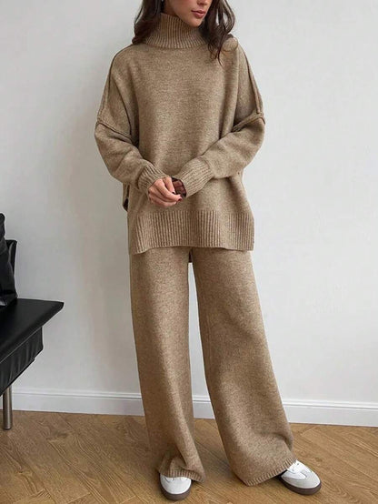 Anneliese High Neck Oversized Sweater and Wide Leg Knit Pants Set - Khaki