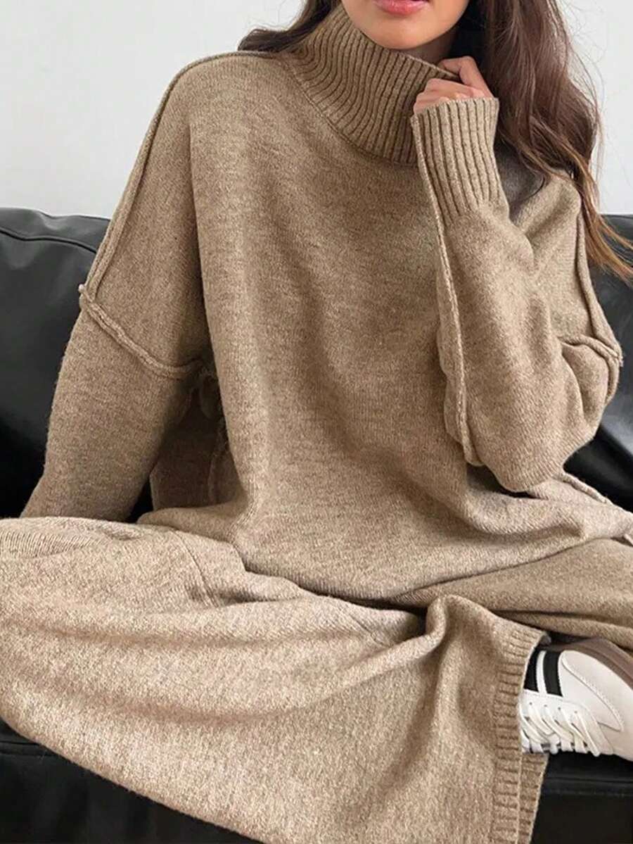 Anneliese High Neck Oversized Sweater and Wide Leg Knit Pants Set - Khaki